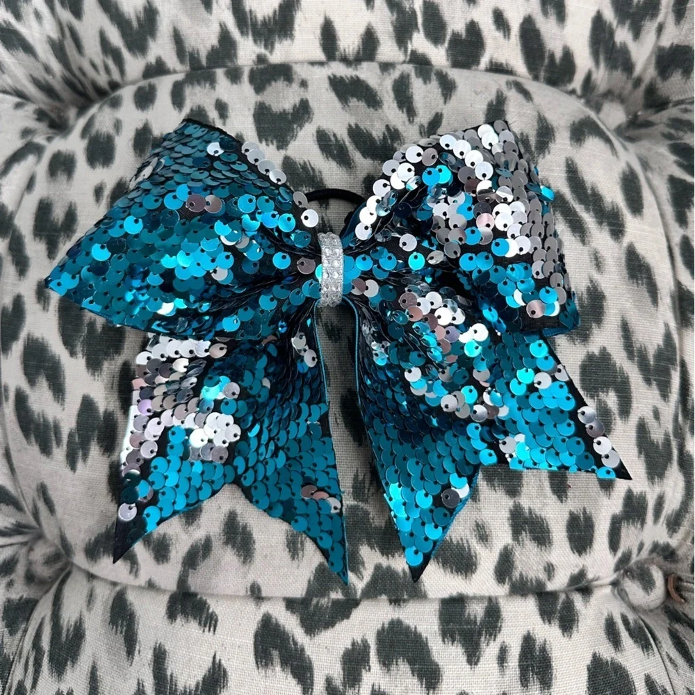 Blue & Silver Sequined Cheerleading Bow